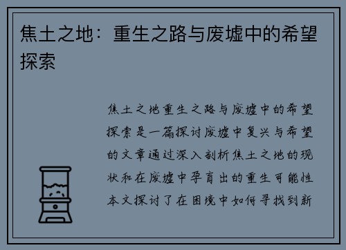 焦土之地：重生之路与废墟中的希望探索