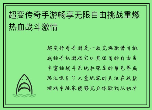 超变传奇手游畅享无限自由挑战重燃热血战斗激情